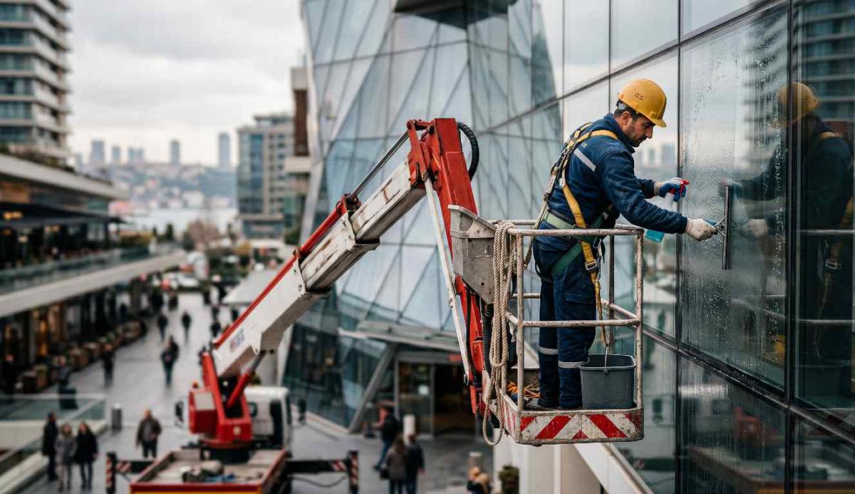 Bayrampaşa'da sepetli vinçle dış cephe temizliği çalışması