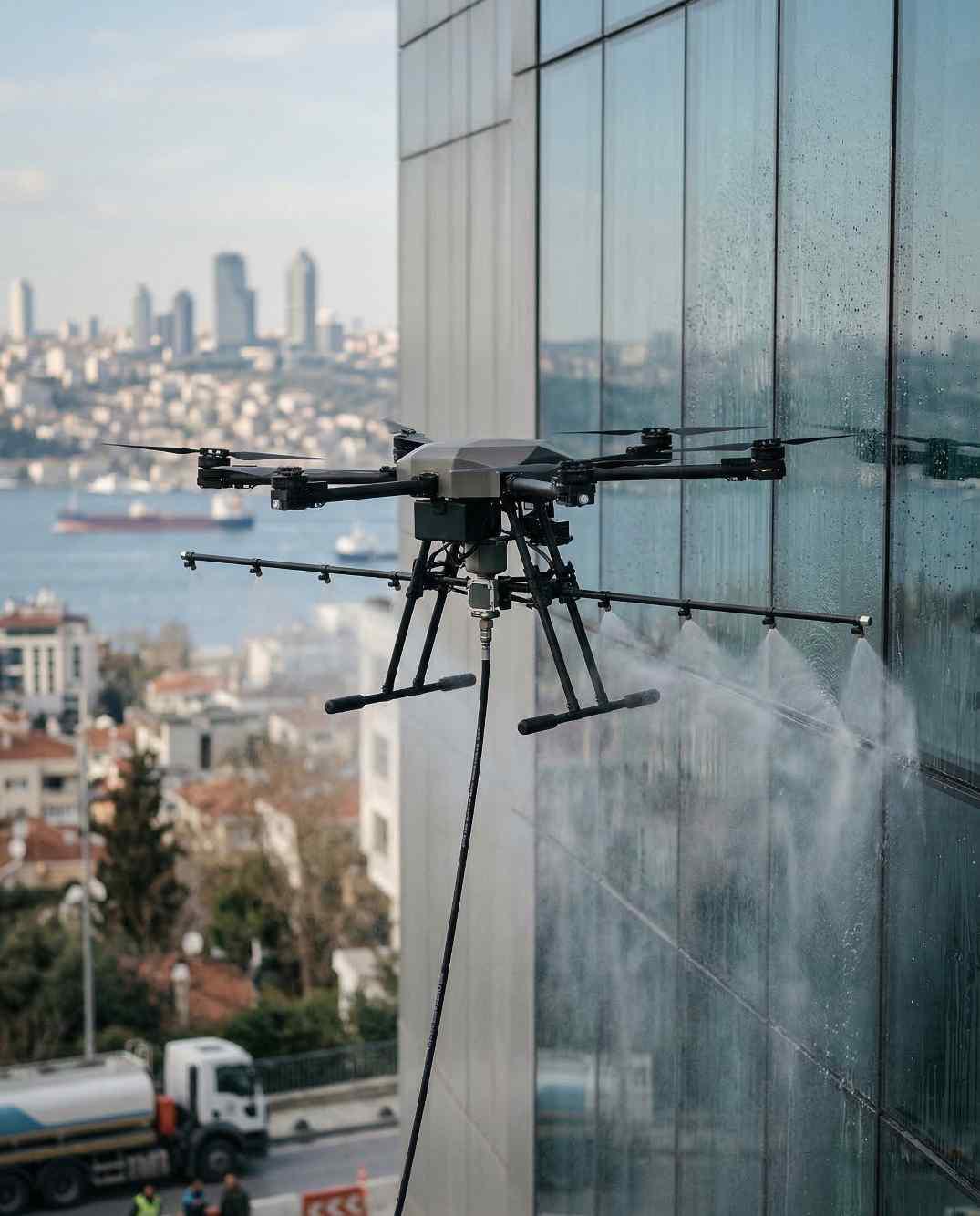 Yüksek katlı binalarda drone ile dış cephe temizliği uygulaması