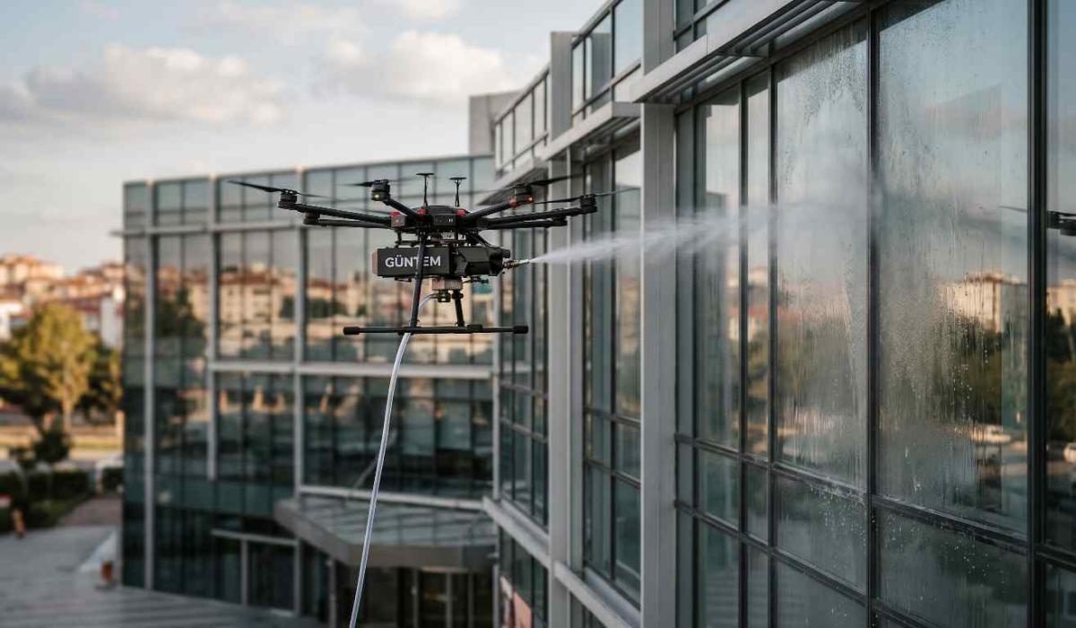 Eyüpsultan'da drone ile dış cephe temizliği çalışması