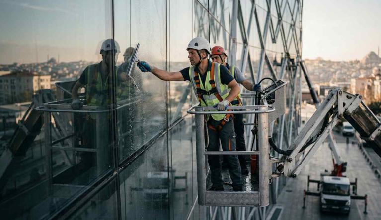 Dış cephe temizliği hizmeti sunan firmamızın uzman ekibi, bir plazanın camlarını silerken - Profesyonel ve güvenilir dış cephe çözümleri.