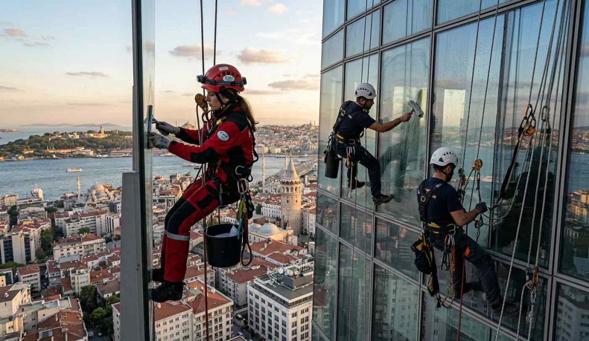 İple erişimle Bağcılar'da dış cephe cam temizliği çalışmaları