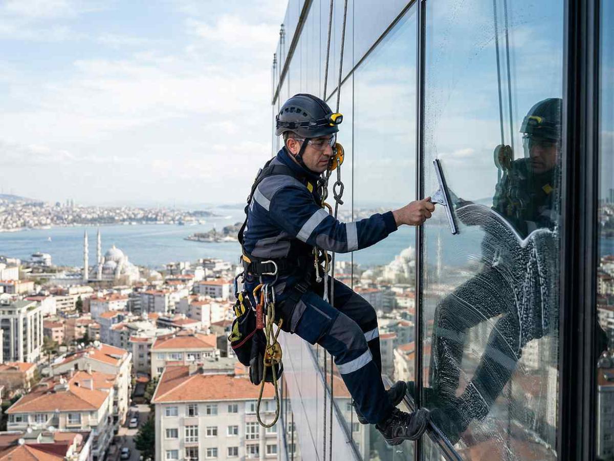 İple erişim yöntemi ile Şişli dış cephe cam temizliği