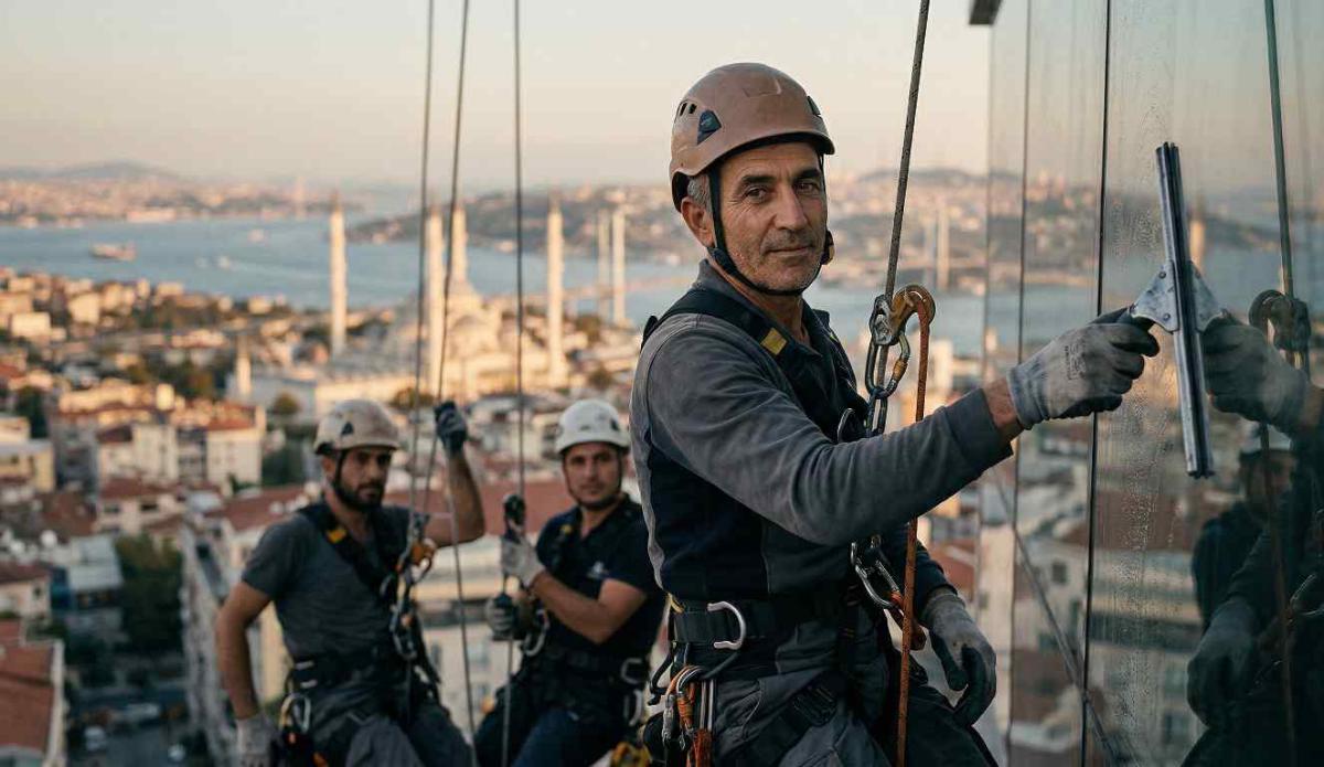 Cam yüzeye saf su uygulamasıyla yapılan temizlik çalışmaları