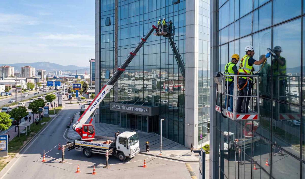 Sepetli vinç ile Gebze dış cephe temizliği operasyonu