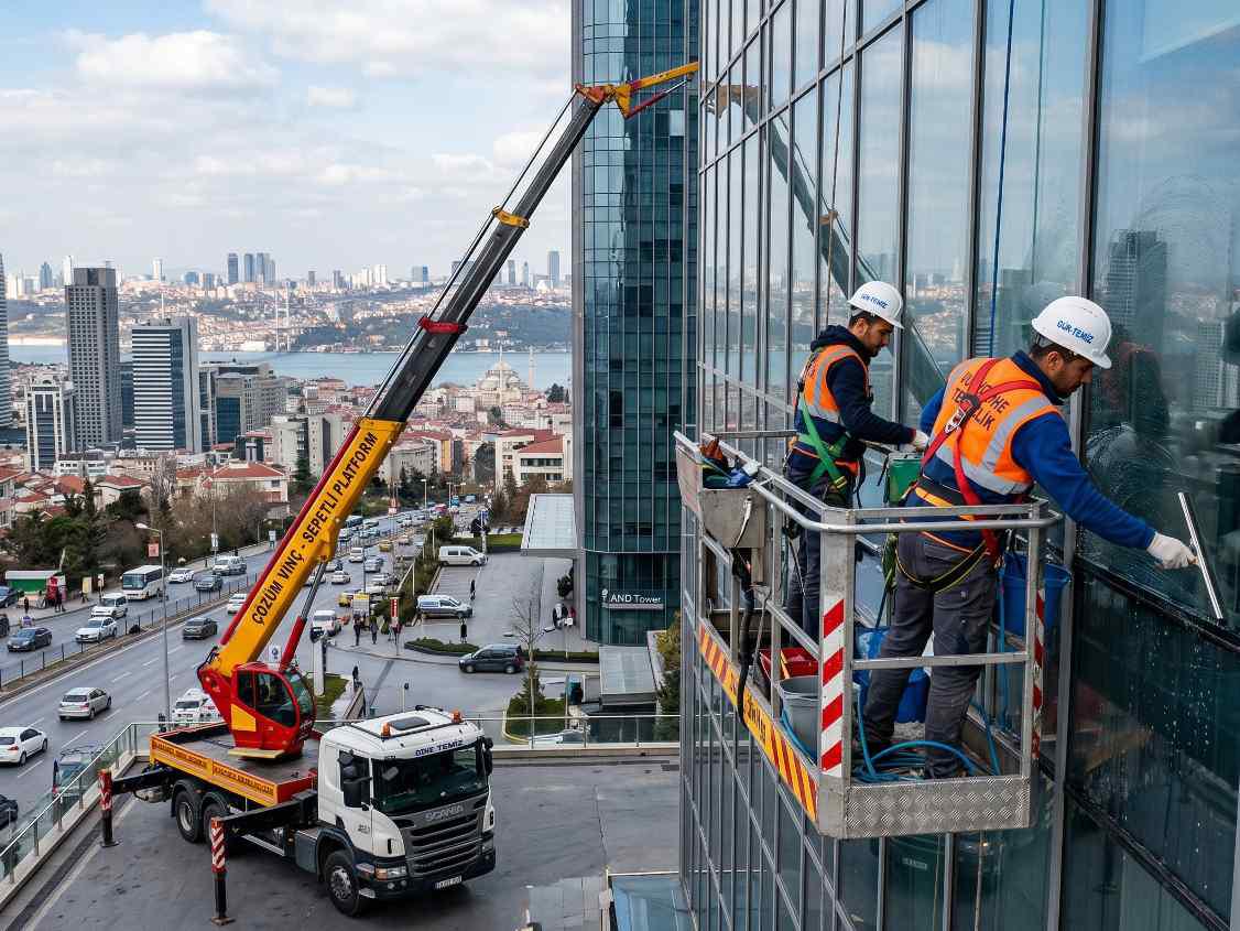 Sepetli vinçle Kağıthane plaza cam temizliği hizmeti