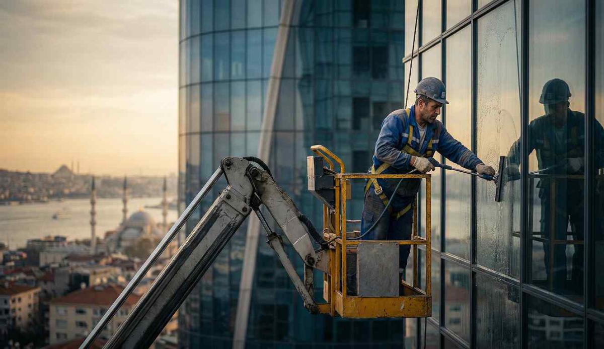 Sepetli vinçle Ümraniye dış cephe cam temizliği hizmetleri