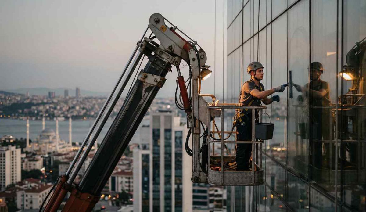 Sepetli vinç erişimiyle plaza cam temizliği hizmetleri