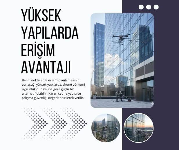 Yüksek yapıda drone yönteminin erişim avantajını anlatan cam cephe odaklı örnek görsel