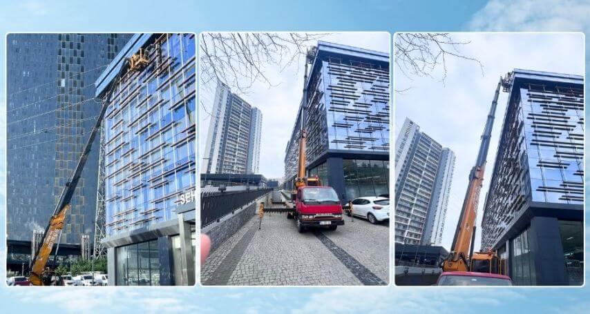 Yükseklerde sepetli vinç ile dış cephe temizliği çalışmalarımız